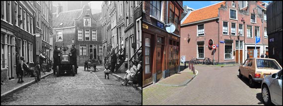 Foto van vroeger: de Boldootkar in de Driehoekstraat, en een foto vanuit hetzelfde perspectief, maar een recente. 